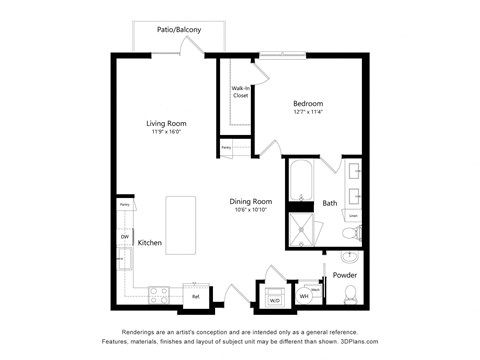 Floor plan for 1 bed, 1 bath, 907 sqft